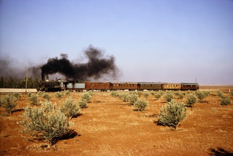 Syrian Railways steam locomotive no. 162 pulling 5 passenger cars in Daraa, Daraa, Syria on July 19, 1991. Photograph by Fred M. Springer, © 2014, Center for Railroad Photography and Art. Springer-Hedjaz-ZimZam(1)-08-05