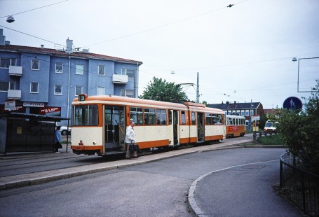 Man departs from the Norrköping tramway network electric tram no. 3 in Norrköping, Östergötland, Sweden, on May 31, 1996. Photograph by Fred M. Springer, © 2014, Center for Railroad Photography and Art. Springer-So.Africa-NOR-SWE-15-25