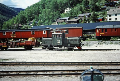 Norwegian State Railways electric service car no. 217-120 with other assorted cars in Lillehammor, Oppland, Norway, on June 10, 1989. Photograph by Fred M. Springer, © 2014, Center for Railroad Photography and Art. Springer-Scan-Swiss-York-09-16