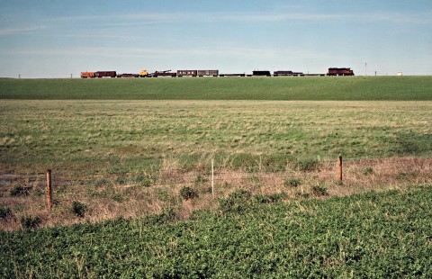 Westbound Milwaukee Road local work train in Wakpala, South Dakota, on May 15, 1978. Photograph by John F. Bjorklund, © 2016, Center for Railroad Photography and Art. Bjorklund-66-14-24