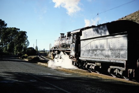 South African Railway 4-8-2 steam locomotive no. 2649 or "Anna" moves into the light on a curved track in Fauresmith, Free State, South Africa, on March 31, 1995. Photograph by Fred M. Springer, © 2014, Center for Railroad Photography and Art. Springer-So.Africa-NOR-SWE-02-11