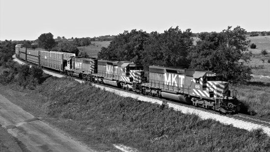 Northbound Missouri–Kansas–Texas Railroad freight train departs Temple, Texas, in August 1970. Photograph by J. Parker Lamb, © 2016, Center for Railroad Photography and Art. Lamb-02-076-11