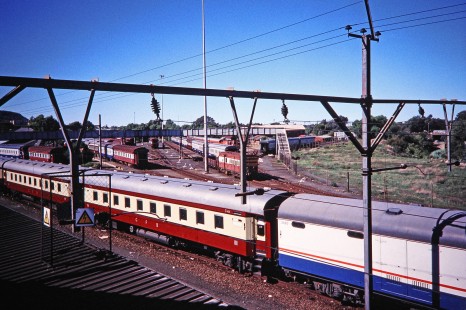 Crowded train yard in Bloemfontein, Free State, South Africa, on March 31, 1995. Photograph by Fred M. Springer, © 2014, Center for Railroad Photography and Art. Springer-So.Africa-NOR-SWE-03-31