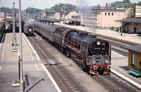 Polskie Koleje Państwowe (Polish State Railways) steam locomotive no. Pt47-65 moves into the station in Wolsztyn, Greater Poland, Poland, on May 21, 1993. Photograph by Fred M. Springer, © 2014, Center for Railroad Photography and Art. Springer-Europe-03-03