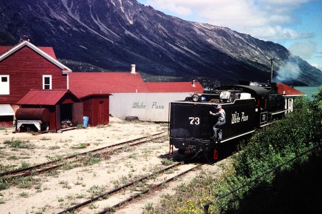 White Pass and Yukon Route steam locomotive no. 73 at the small yard in Bennett, British Columbia, Canada, on June 13, 1998. Photograph by Fred M. Springer, © 2014, Center for Railroad Photography and Art. Springer-Alaska-NZ-11-24