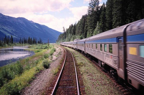 VIA Rail passenger train no. 1, <i>The Canadian</i>,  in the area of Moose Lake in Alberta, Canada, on July 17, 2003. Photograph by Fred M. Springer, © 2014, Center for Railroad Photography and Art. Springer-Canada-NZ(1)-14-12