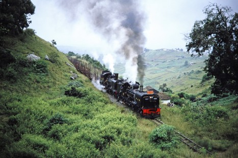 South African Railways "Banana Express" steam locomotive no. 156 and Alfred County Railway no. 155 carry empty cars in Hell's Gate, Eastern Cape, South Africa, on March 28, 1995. Photograph by Fred M. Springer, © 2014, Center for Railroad Photography and Art. Springer-So.Africa(1)-23-10