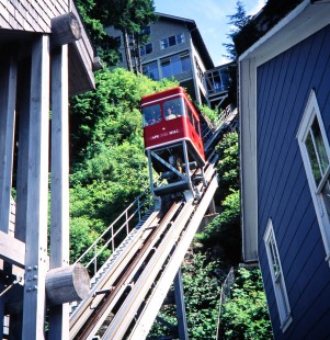 Cape Fox Hill funicular carrying passengers in Ketchikan, Alaska, United States, in June 1998. Photograph by Fred M. Springer, © 2014, Center for Railroad Photography and Art. Springer-Alaska-NZ-13-11