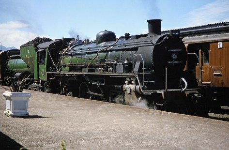 South African Railway steam locomotive, painted in green, pulls next to the platform in George, Western Cape, South Africa, on March 22, 1995. Photograph by Fred M. Springer, © 2014, Center for Railroad Photography and Art. Springer-So.Africa(1)-15-36