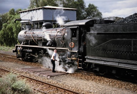 South African Railway worker servicing 4-8-2 steam locomotive no. 1882 in Oudtshoorn, Western Cape, South Africa, on March 24, 1995. Photograph by Fred M. Springer, © 2014, Center for Railroad Photography and Art. Springer-So.Africa(1)-17-25