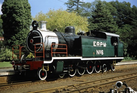 East Rand Proprietary Mines 4-8-4T steam locomotive no. 6 at Hilton, KwaZulu-Natal, South Africa, on March 27, 1995. Photograph by Fred M. Springer, © 2014, Center for Railroad Photography and Art. Springer-So.Africa(1)-22-29