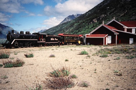 White Pass and Yukon Route steam locomotive no. 73 waits at the station in Bennett, British Columbia, Canada, on June 13, 1998. Photograph by Fred M. Springer, © 2014, Center for Railroad Photography and Art. Springer-Alaska-NZ-11-08