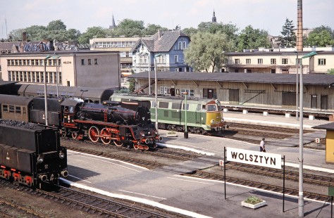 An overview shot of the Wolsztyn train station and its platforms with several waiting locomotives in Wolsztyn, Greater Poland, Poland, on May 21, 1993. Photograph by Fred M. Springer, © 2014, Center for Railroad Photography and Art. Springer-Europe-04-22
