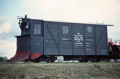 Österreichische Bundesbahnen or Austrian Federal Railways snowplow no. 98-505-6 stands ready in Gmund, Czech Republic, on May 31, 1993. Photograph by Fred M. Springer, © 2014, Center for Railroad Photography and Art.Springer-Europe-16-06