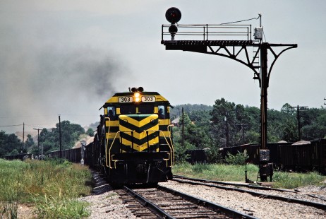 Southbound Missouri–Kansas–Texas Railroad freight train in Stringtown, Oklahoma, on July 16, 1981. Photograph by John F. Bjorklund, © 2016, Center for Railroad Photography and Art. Bjorklund-70-15-12