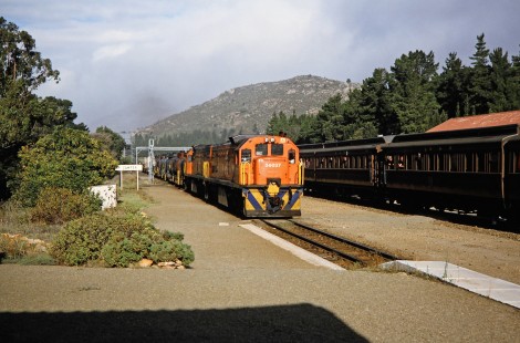 South African Railway diesel locomotive no. 34037 pulling a freight train into Camfer Station in Camfer, Western Cape, South Africa, on March 23, 1995. Photograph by Fred M. Springer, © 2014, Center for Railroad Photography and Art. Springer-So.Africa(1)-16-05