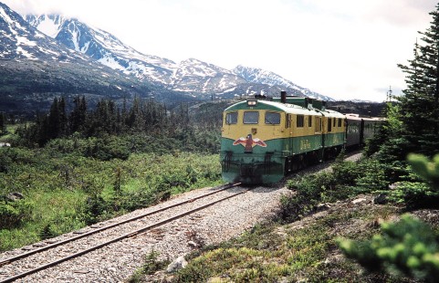 White Pass and Yukon Route diesel locomotive no. 91 approaches Fraser, British Columbia, Canada, on June 12, 1998. Photograph by Fred M. Springer, © 2014, Center for Railroad Photography and Art. Springer-Alaska-NZ-09-26