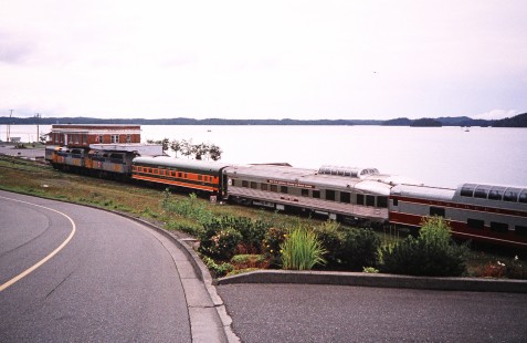 VIA Rail diesel locomotive and train rolls up to Prince Rupert station in Prince Rupert, British Columbia, Canada, on July 15, 2003. Photograph by Fred M. Springer, © 2014, Center for Railroad Photography and Art. Springer-Canada-NZ(1)-12-20