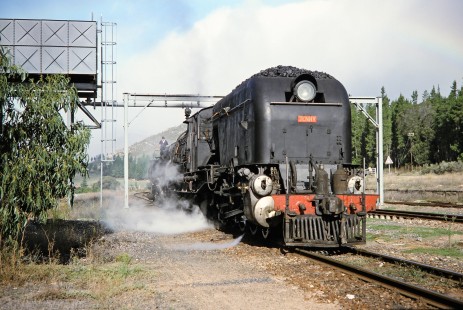 South African Railway 4-8-2+2-8-4 Garratt steam locomotive no. 4122 or "Jenny" moves past a water tank in Camfer, Western Cape, South Africa, on March 23, 1995. Photograph by Fred M. Springer, © 2014, Center for Railroad Photography and Art. Springer-So.Africa(1)-16-07
