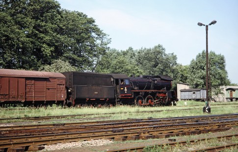 Polskie Koleje Państwowe (Polish State Railways) steam engine no.Ol49-32 in the yard at Wolsztyn, Greater Poland, Poland, Wolsztyn on May 21, 1993. Photograph by Fred M. Springer, © 2014, Center for Railroad Photography and Art. Springer-Europe-03-20