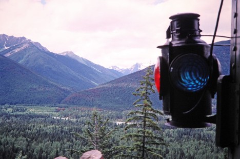 A railroad marker lamp and the landscape of the Mt. Robson area on route to the locations of McBride and Jasper near the border of British Columbia/Alberta, Canada, on July 17, 2003. Photograph by Fred M. Springer, © 2014, Center for Railroad Photography and Art. Springer-Canada-NZ(1)-14-22