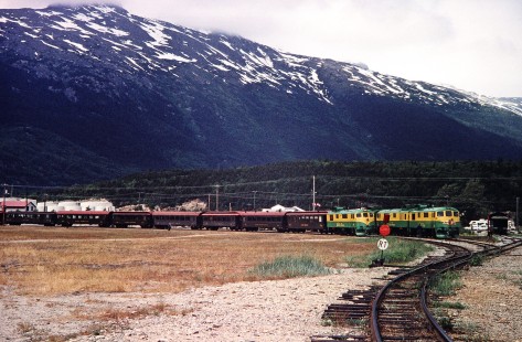 Two White Pass & Yukon Route locomotives carry long passenger trains on the track in Skagway, Alaska, United States, on June 11, 1998. Photograph by Fred M. Springer, © 2014, Center for Railroad Photography and Art. Springer-Alaska-NZ-05-25