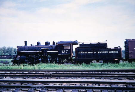 Temiskaming & Northern Ontario Railway 2-8-0 steam locomotive no. 137 shown in profile in Englehart, Ontario, Canada, on July 9, 1966. Photograph by Fred M. Springer, © 2014, Center for Railroad Photography and Art. Springer-East2-23-11
