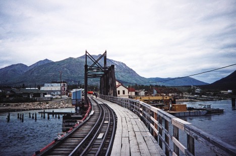 White Pass & Yukon Railroad bridge over the lake in Carcross, Yukon, Canada, on June 12, 1998. Photograph by Fred M. Springer, © 2014, Center for Railroad Photography and Art. Springer-Alaska-NZ-08-07