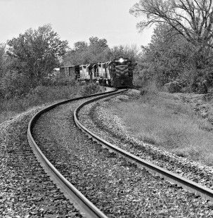 Southbound Missouri–Kansas–Texas Railroad freight train coils through s-curve as it approaches La Grange, Texas, in March 1970. Photograph by J. Parker Lamb, © 2016, Center for Railroad Photography and Art. Lamb-02-076-10