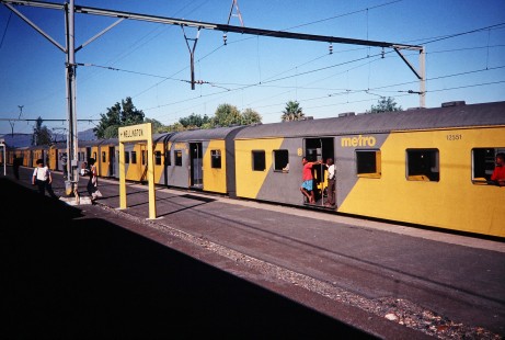 South African Railway Metro Commuter passenger train at the station in Wellington, Western Cape, South Africa, on April 2, 1995. Photograph by Fred M. Springer, © 2014, Center for Railroad Photography and Art. Springer-So.Africa-NOR-SWE-06-18