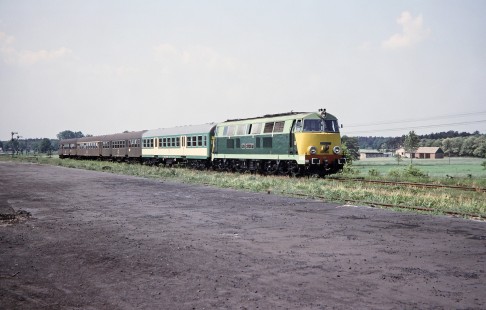 Polskie Koleje Państwowe (Polish State Railways) diesel locomotive no. SU45-097 travels on a rural track in Wolsztyn, Greater Poland, Poland, on May 20, 1993. Photograph by Fred M. Springer, © 2014, Center for Railroad Photography and Art. Springer-Europe-02-33