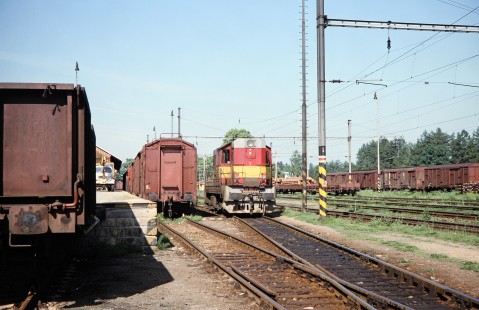The train yard in Jindřichův Hradec, South Bohemian, Czech Republic, with diesel locomotive no. 742-265-2 on May 30, 1993. Photograph by Fred M. Springer, © 2014, Center for Railroad Photography and Art. Springer-Europe-15-41