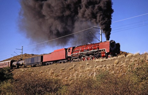 South African Railway 4-8-4 steam locomotive no. 3417 atop a hill in Beaufort West, Western Cape, South Africa, on April 1, 1995. Photograph by Fred M. Springer, © 2014, Center for Railroad Photography and Art. Springer-So.Africa-NOR-SWE-05-19