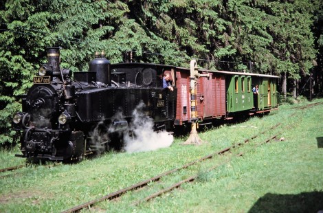 Československé Státní Dráhy (Czech Railways) steam locomotive no. U47-001 moves along a grassy track in Strizovice, Czech Republic, on May 30, 1993. Photograph by Fred M. Springer, © 2014, Center for Railroad Photography and Art. Springer-Europe-15-03