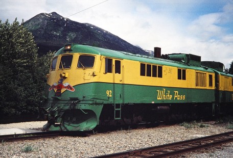 White Pass & Yukon Route diesel locomotive no. 92 in Skagway, Alaska, United States, on June 11, 1998. Photograph by Fred M. Springer, © 2014, Center for Railroad Photography and Art. Springer-Alaska-NZ-05-36
