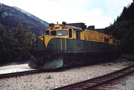 White Pass & Yukon Route diesel locomotive no. 109 in Skagway, Alaska, United States, on June 11, 1998. Photograph by Fred M. Springer, © 2014, Center for Railroad Photography and Art. Springer-Alaska-NZ-05-35