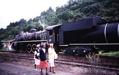 Three women walk past the South African Railway steam locomotive no. 2683 in Rondevlei, Western Cape, South Africa, on March 23, 1995. Photograph by Fred M. Springer, © 2014, Center for Railroad Photography and Art. Springer-So.Africa(1)-16-25