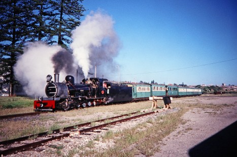 Avontuur Railway steam locomotive no. 145 in Kings Beach, Port Elizabeth, Eastern Cape, South Africa, on March 25, 1995. Photograph by Fred M. Springer, © 2014, Center for Railroad Photography and Art. Springer-So.Africa(1)-18-23