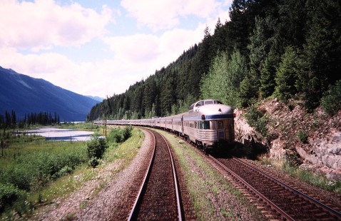 VIA Rail passenger train no. 1, <i>The Canadian</i>, moves along the area of Moose Lake in Alberta, Canada, on July 17, 2003. Photograph by Fred M. Springer, © 2014, Center for Railroad Photography and Art. Springer-Canada-NZ(1)-14-10