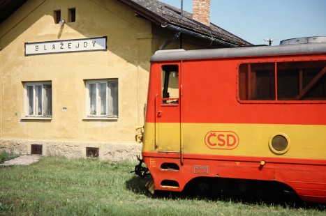Československé Státní Dráhy (Czech Railways) diesel locomotive sits at the Blažejov Station in Blažejov, Czech Republic, on May 30, 1993. Photograph by Fred M. Springer, © 2014, Center for Railroad Photography and Art. Springer-Europe-15-06