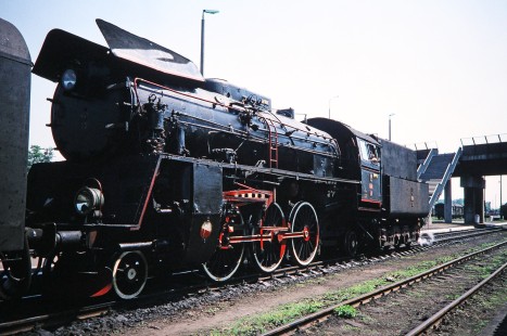 Polskie Koleje Państwowe (Polish State Railways) 2-6-2 steam locomotive no. 0l49-23 at the platform in Wolsztyn, Greater Poland, Poland,  on May 21, 1993. Photograph by Fred M. Springer, © 2014, Center for Railroad Photography and Art. Springer-Europe-04-41