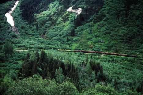 Two White Pass and Yukon Route diesel locomotives pull an eight-car passenger train through a forest track in Bennett, British Columbia, Canada, on June 13, 1998.   Photograph by Fred M. Springer, © 2014, Center for Railroad Photography and Art. Springer-Alaska-NZ-10-18