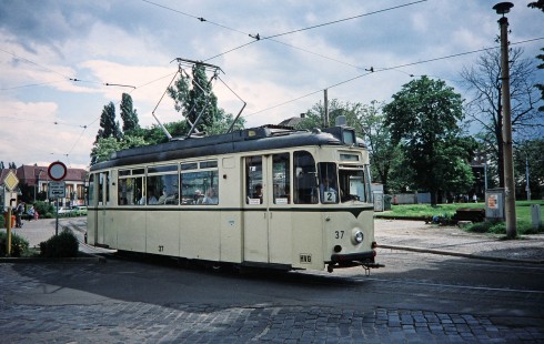Street car no. 37-2 turns a corner with its many passengers in Halberstadt, Czech Republic, on May 28, 1993. Photograph by Fred M. Springer, © 2014, Center for Railroad Photography and Art. Springer-Europe-14-42