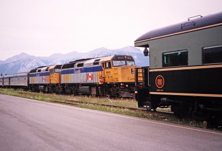 VIA Rail diesel locomotives nos. 6446 and 6439 in  Jasper, Alberta, Canada, on July 19, 2003. Photograph by Fred M. Springer, © 2014, Center for Railroad Photography and Art. Springer-Canada-NZ(1)-15-10