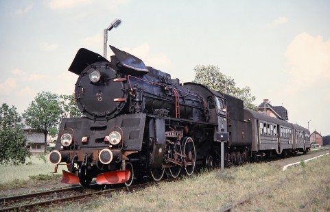 Polskie Koleje Państwowe (Polish State Railways) 2-6-2 steam locomotive no. 0l49-23 waits by the platform in Zodyn, Greater Poland, Poland, on May 21, 1993. Photograph by Fred M. Springer, © 2014, Center for Railroad Photography and Art. Springer-Europe-04-18