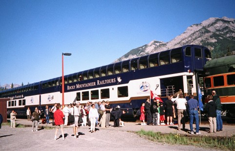 Rocky Mountaineer Rail Tours car begins to board its passengers near Lake Louise in Banff, Alberta, Canada, on July 10, 2003. Photograph by Fred M. Springer, © 2014, Center for Railroad Photography and Art. Springer-Canada-NZ(1)-05-11