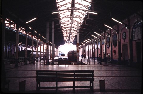 Bench perspective of the interior of Port Elizabeth Station in Port Elizabeth, Eastern Cape, South Africa, on March 25, 1995. Photograph by Fred M. Springer, © 2014, Center for Railroad Photography and Art.Springer-So.Africa(1)-20-11