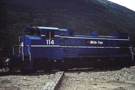 White Pass and Yukon Route blue diesel locomotive no. 114 in Skagway, Alaska, United States, on June 14, 1998. Photograph by Fred M. Springer, © 2014, Center for Railroad Photography and Art. Springer-Alaska-NZ-12-11