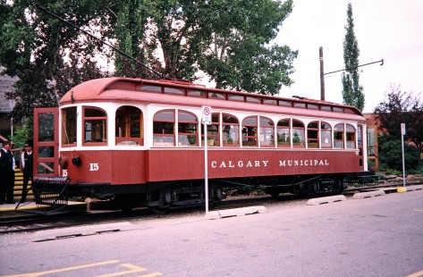 Calgary Municipal streetcar no. 15 on display in Calgary, Alberta, Canada, on July 8, 2003. Photograph by Fred M. Springer, © 2014, Center for Railroad Photography and Art. Springer-Canada-NZ(1)-04-07