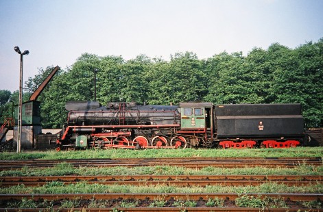 Polskie Koleje Państwowe (Polish State Railways) 2-10-0 steam locomotive no. Ty51-223 waits for assignment in Wolsztyn, Greater Poland, Poland, on May 20, 1993. Photograph by Fred M. Springer, © 2014, Center for Railroad Photography and Art. Springer-Europe-01-25